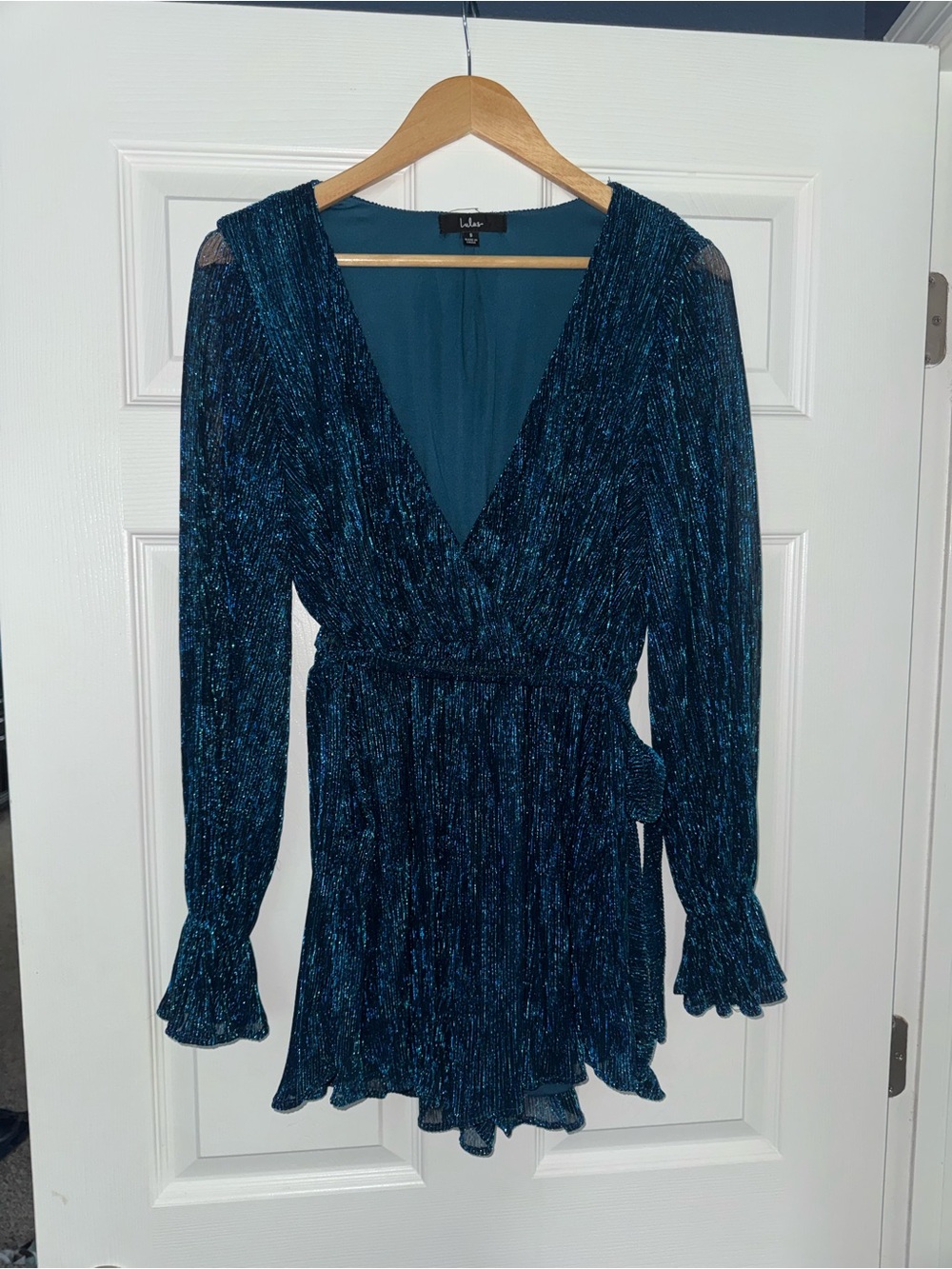 Lulu's Metallic Teal Long-Sleeve Wrap Mini Dress